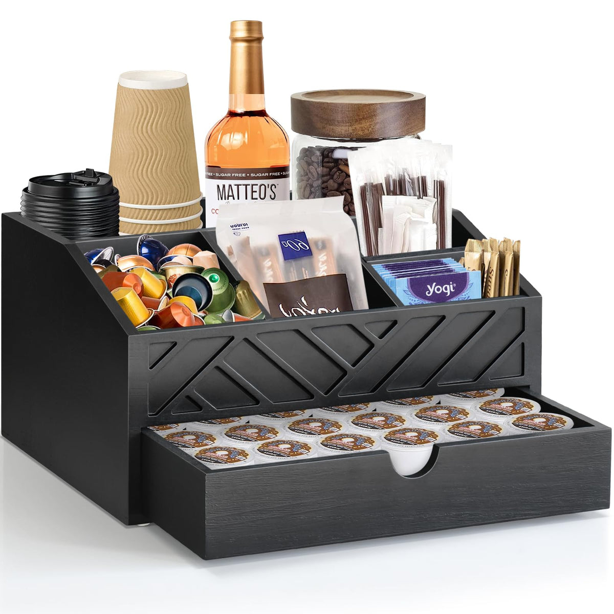 Jorkol coffee bar organizer with drawer showing six compartments for pods and accessories.