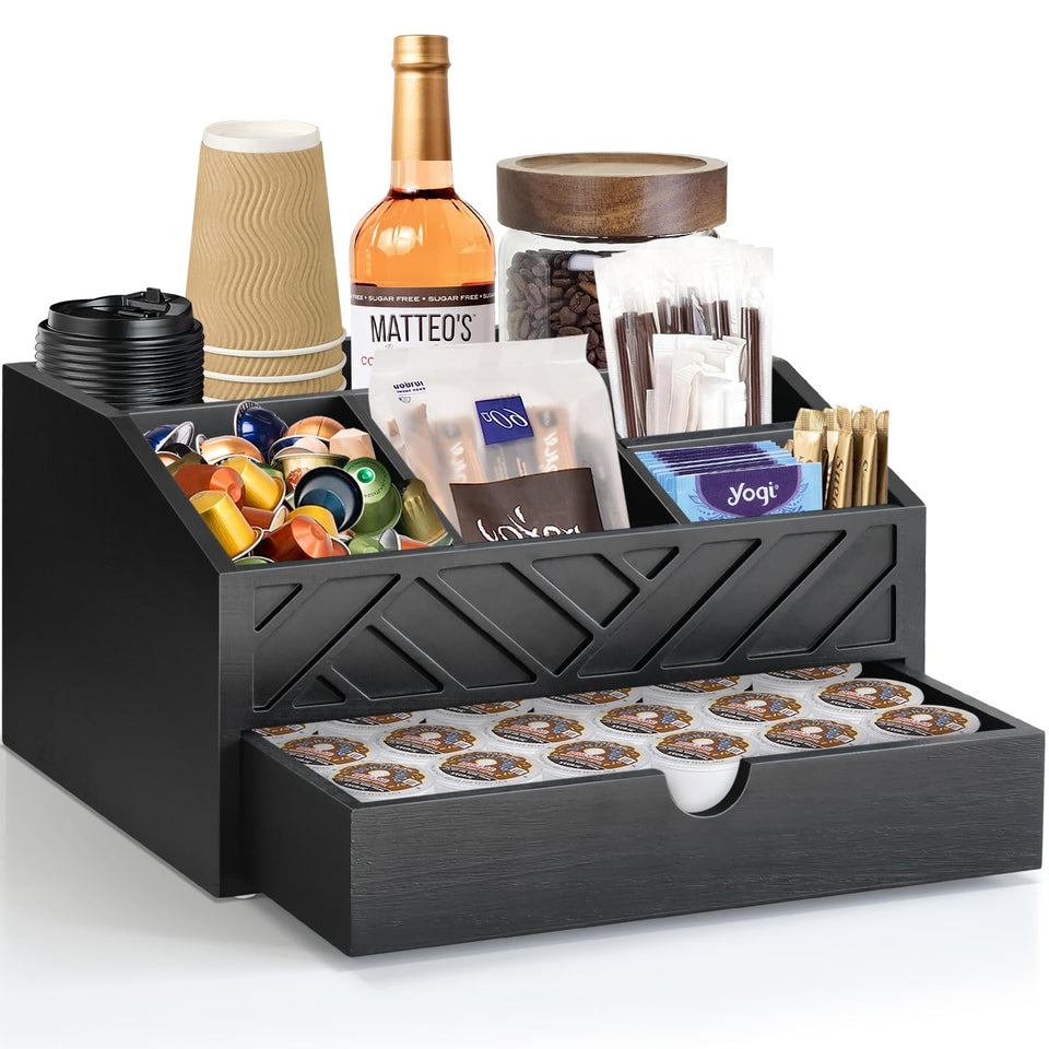 Jorkol coffee bar organizer with drawer showing six compartments for pods and accessories.