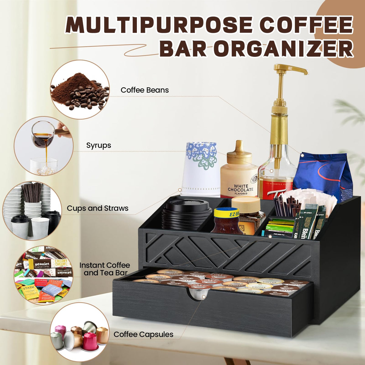 Jorkol coffee pod holder storage helps reduce countertop clutter.