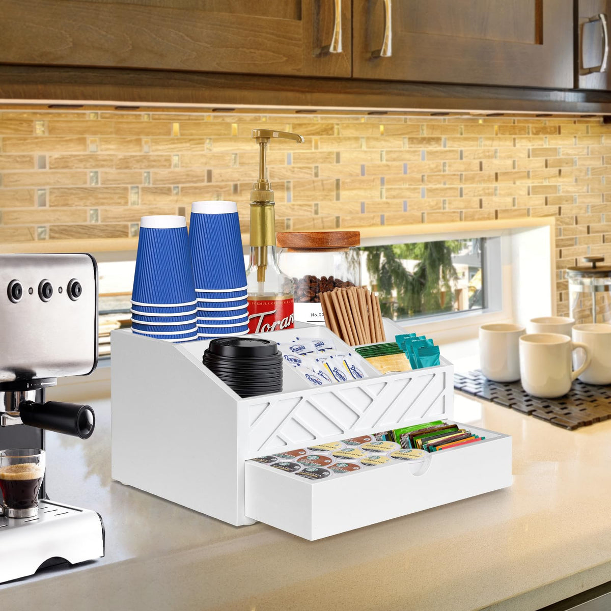 Jorkol coffee pod holder with drawer stores pods of various sizes cleanly.