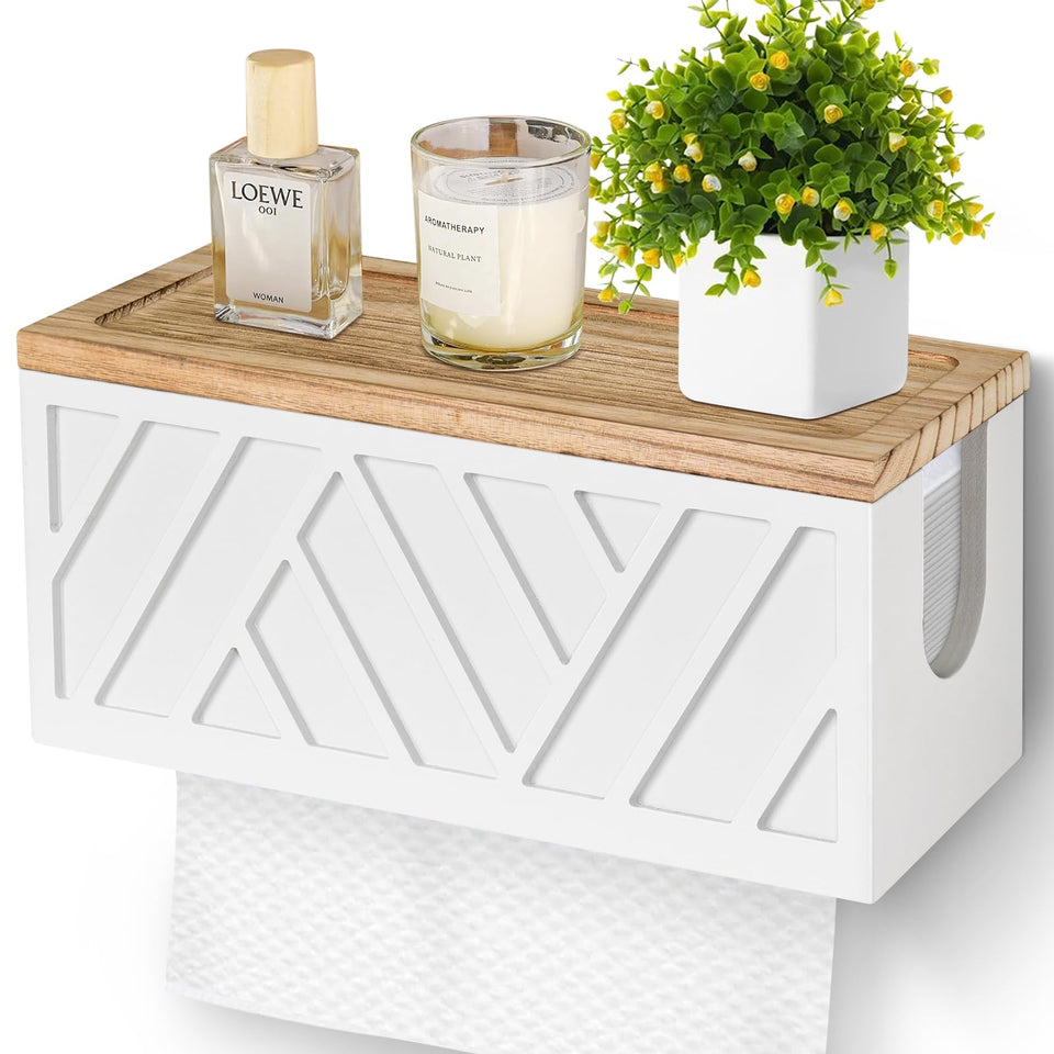 Jorkol wall-mounted wood towel dispenser with lid for tidy kitchen storage.