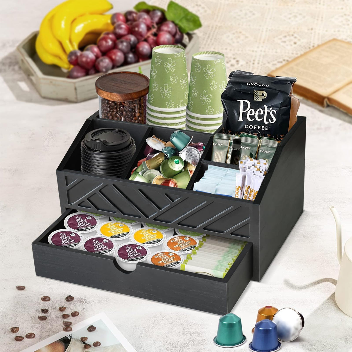 Jorkol solid wood coffee bar stand offers durable everyday use.