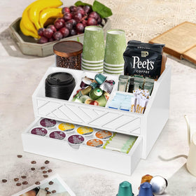 Jorkol wooden coffee station organizer with tilted design provides easy access to syrups and pods.