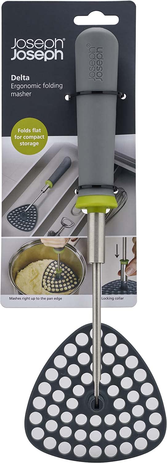 Delta curved mashing plate fits pan edges for efficient potato pressing.