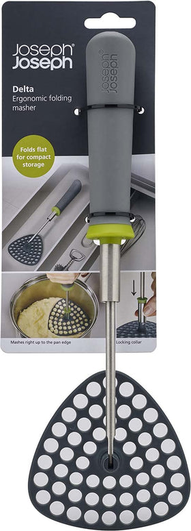 Delta curved mashing plate fits pan edges for efficient potato pressing.