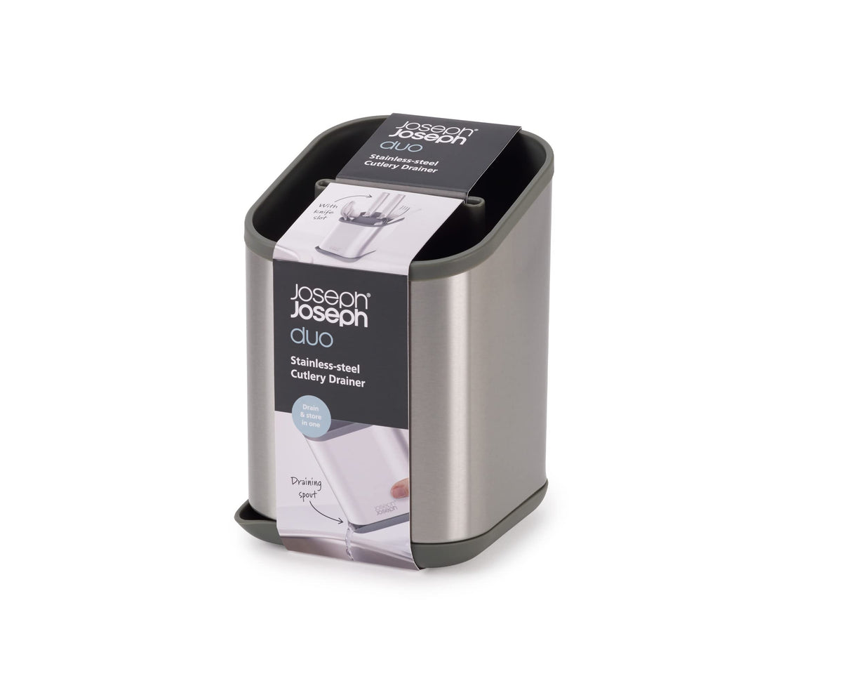 Joseph Joseph Duo integrated-spout drainer simplifies drainage after washing.