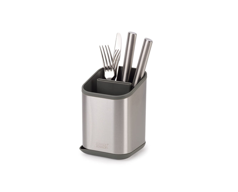 Joseph Joseph Duo knife-slot drainer enables safe blade drainage and compact counter organization.