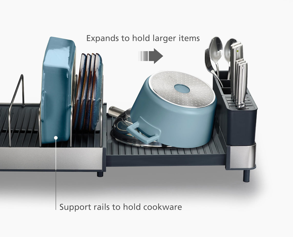 Joseph Joseph Extend Max Steel rack swivel draining spout in three positions for flexible draining.