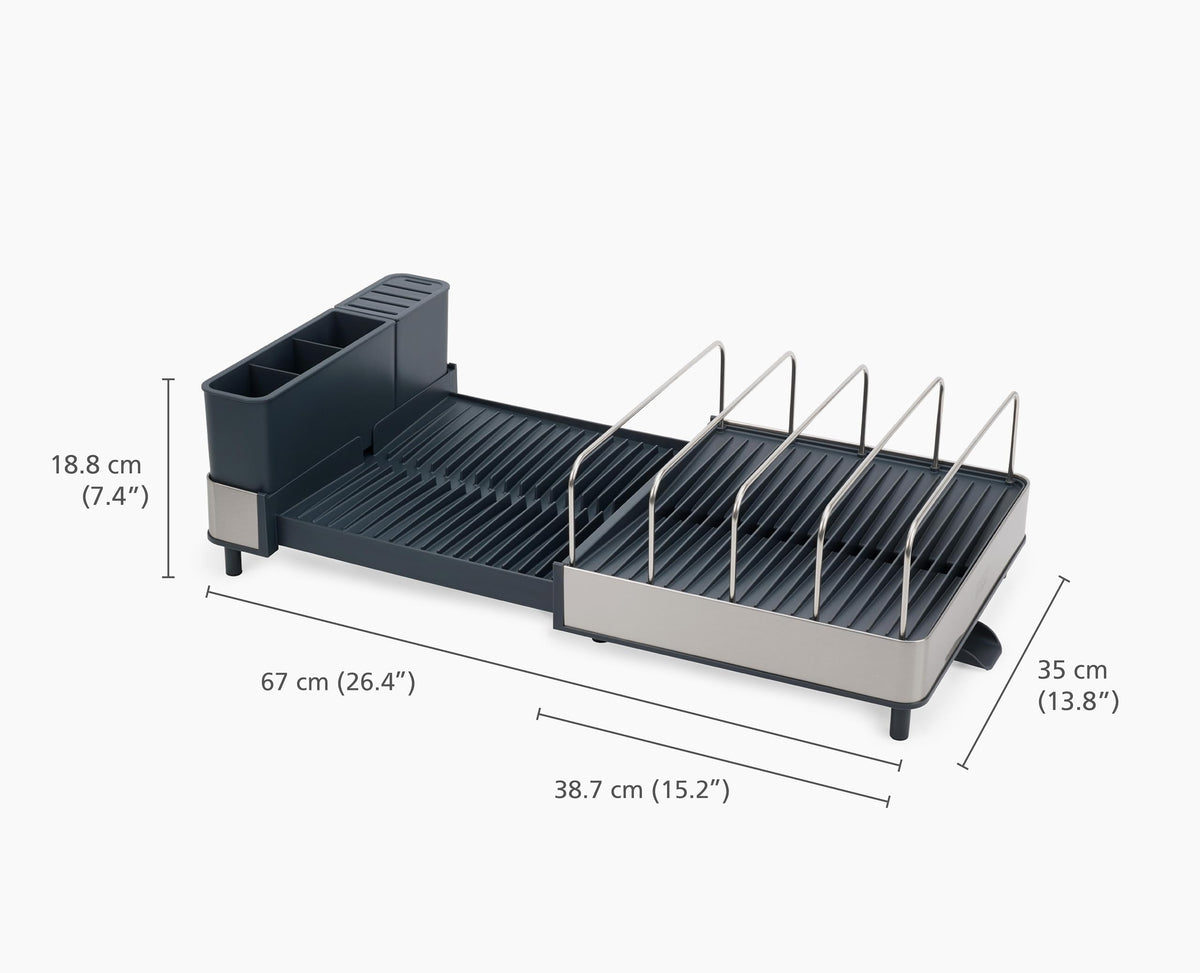 Joseph Joseph Extend Max Steel rack close-up on knife slots and drainage.
