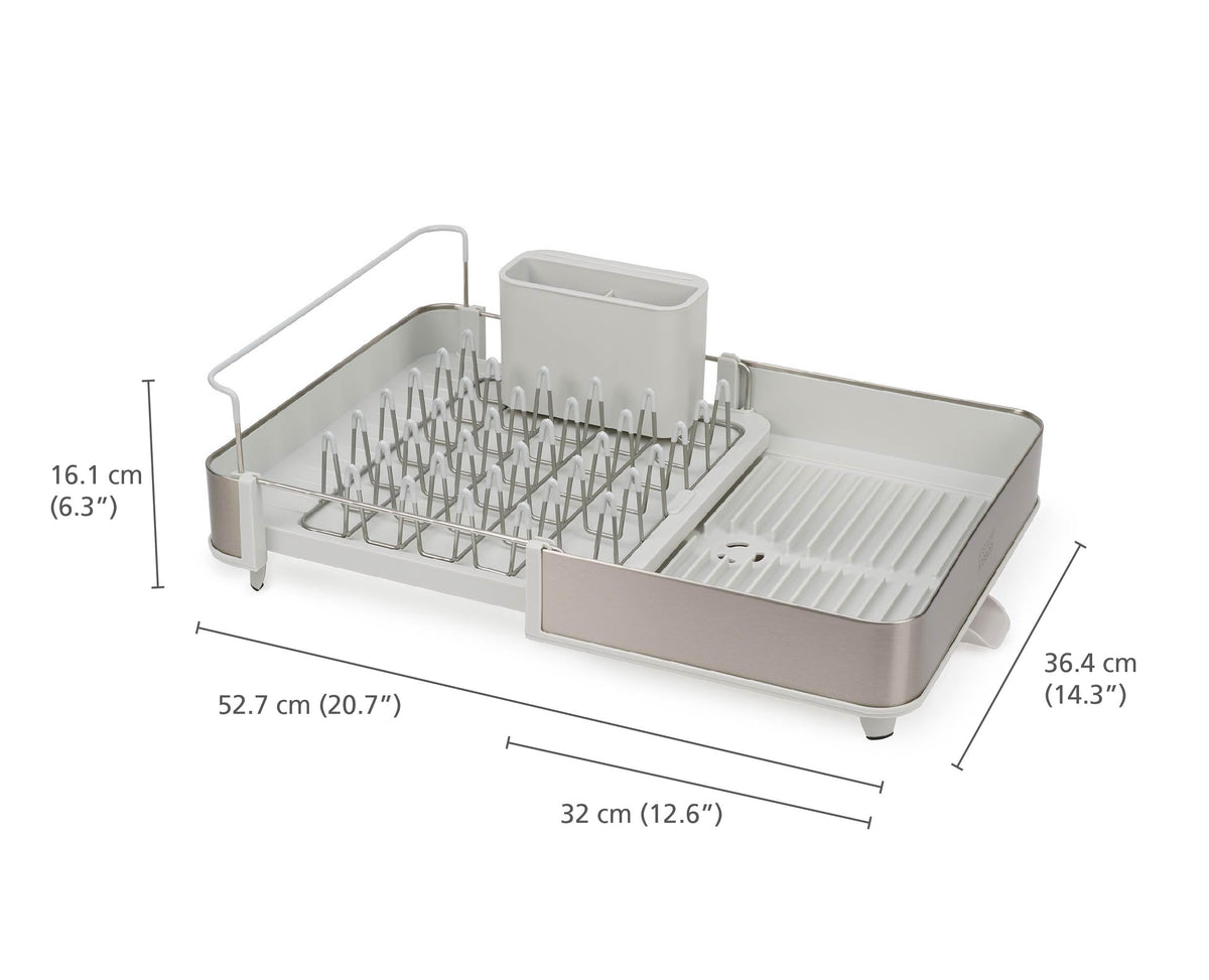 Joseph Joseph Extend Steel dish rack shows three-position draining spout for flexible sink setup.