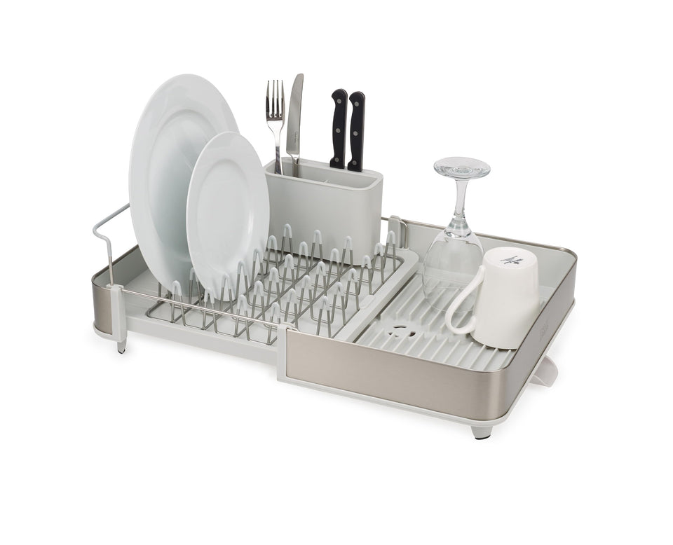 Joseph Joseph Extend Steel dish rack with sliding tray expands space for larger loads.