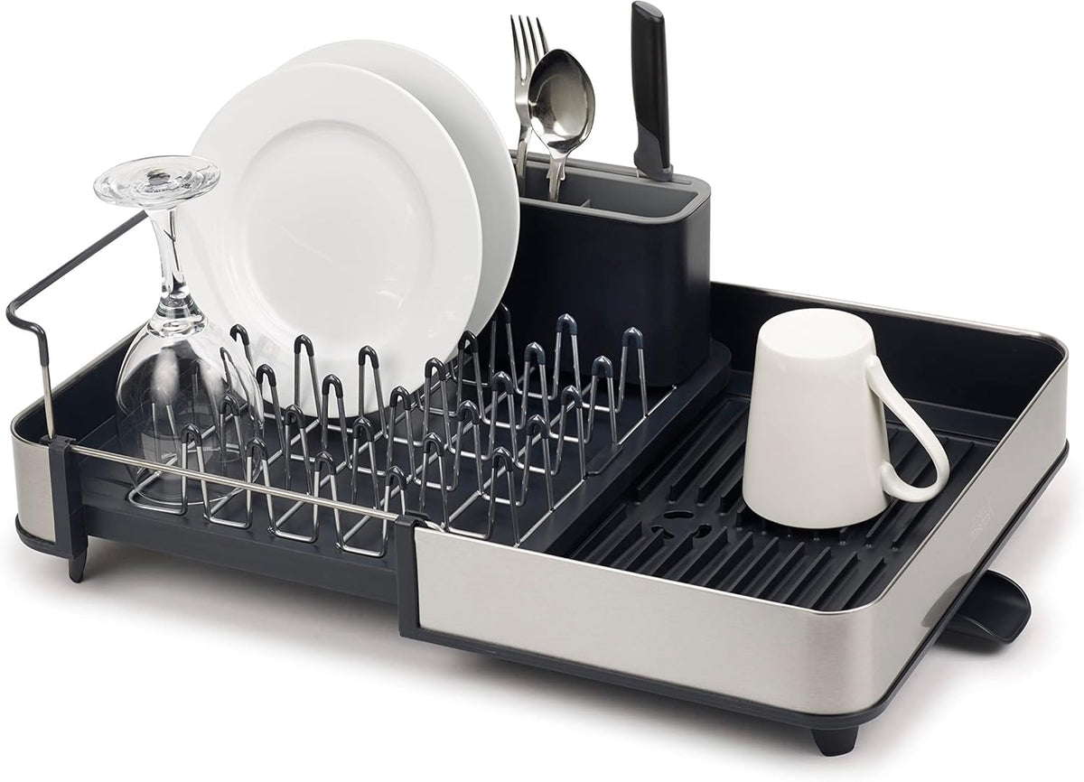 Joseph Joseph extendable dish drying rack with detachable parts for flexible setup.