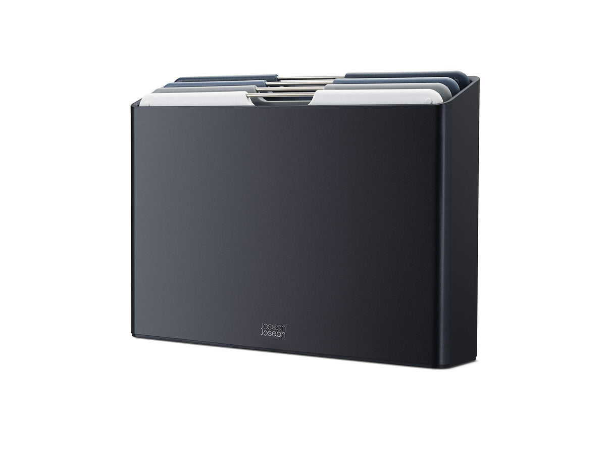 Joseph Joseph Folio cutting boards in slim storage case for tidy kitchen organization.