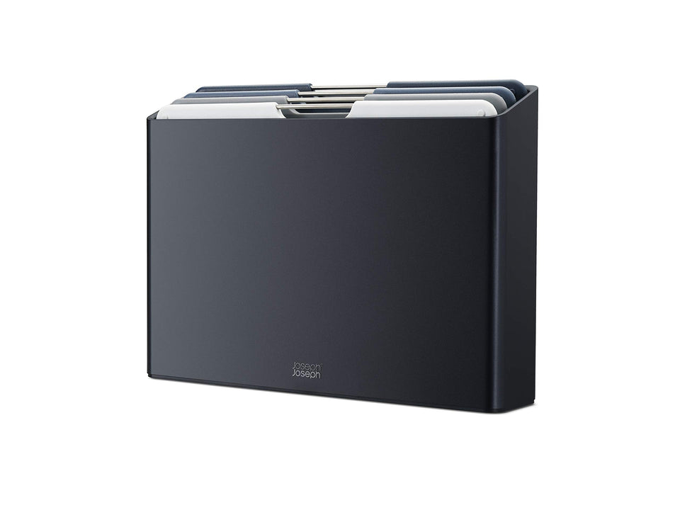 Joseph Joseph Folio cutting boards in slim storage case for tidy kitchen organization.
