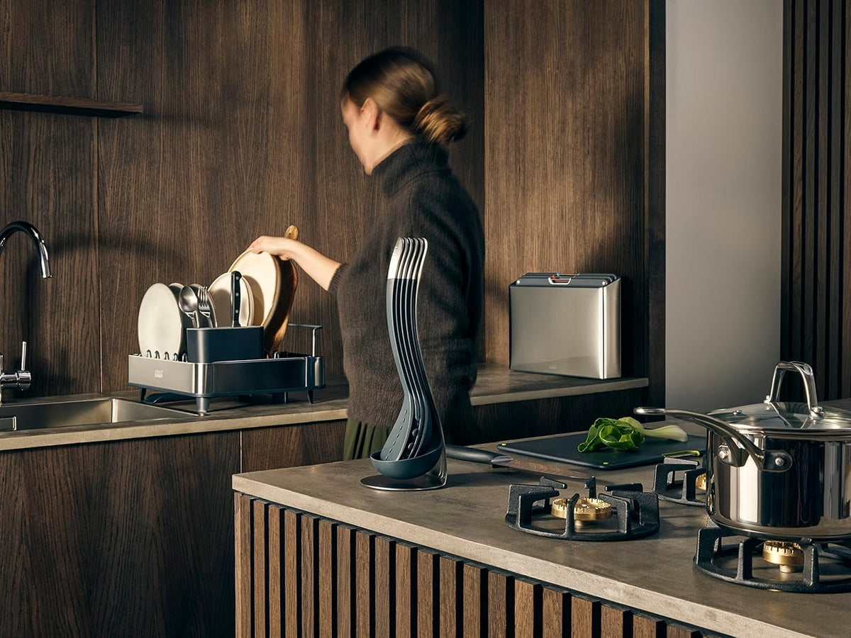 Joseph Joseph gray finish adds sleek kitchen style.