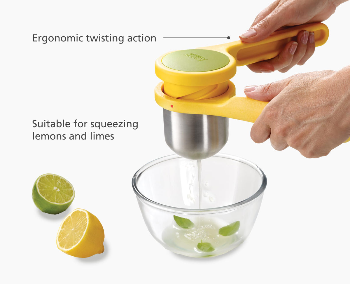 Joseph Joseph Helix Citrus Press stainless steel build emphasizes durability and safety.