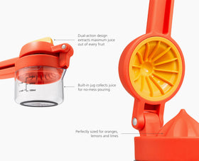 Ergonomic, easy-squeeze handles on the JuiceMax Plus citrus juicer