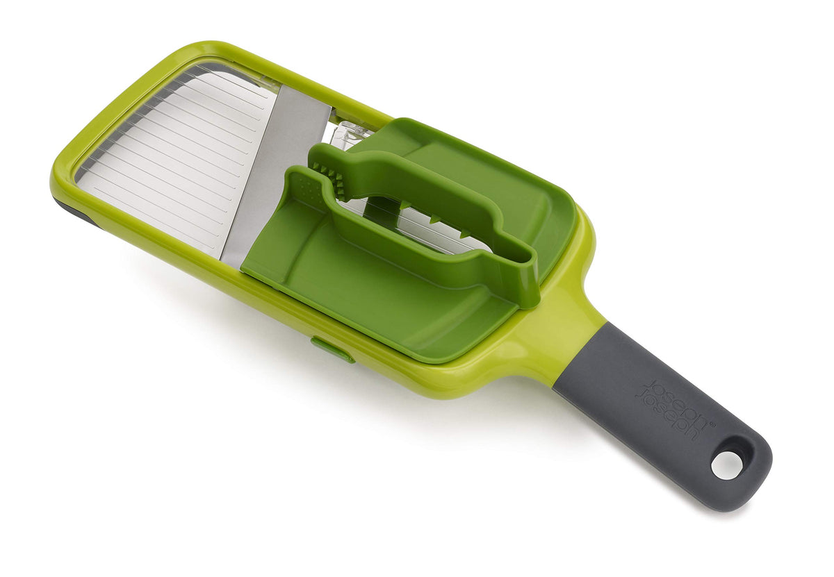 Joseph Joseph Multi-Grip mandoline blade close-up showing precise slicing ability