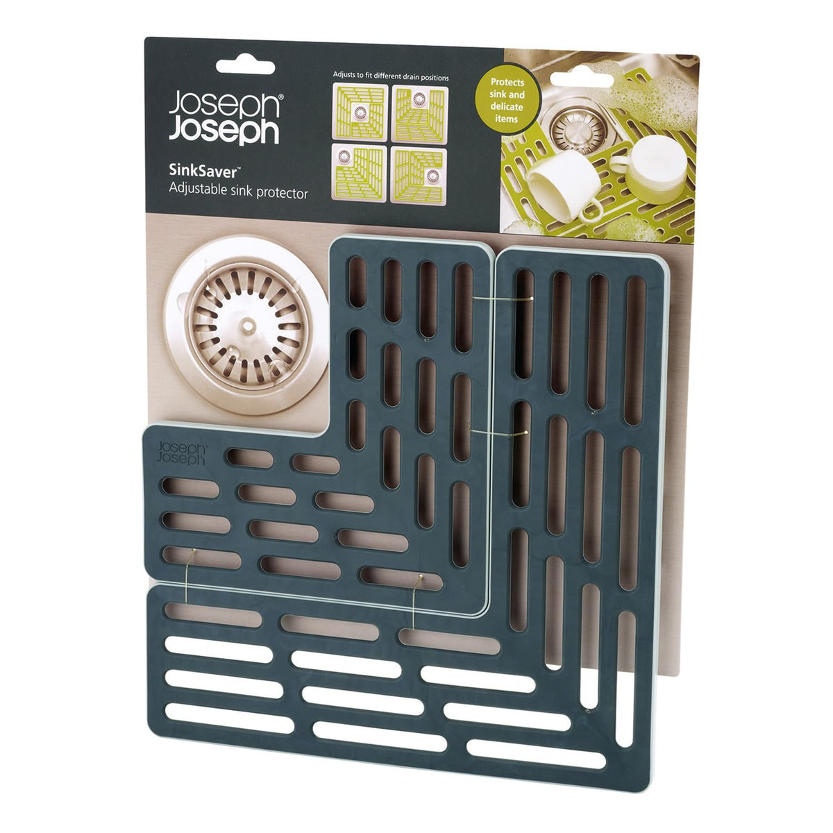 Joseph Joseph Sinksaver two-piece setup fits around drains for flexible configurations.
