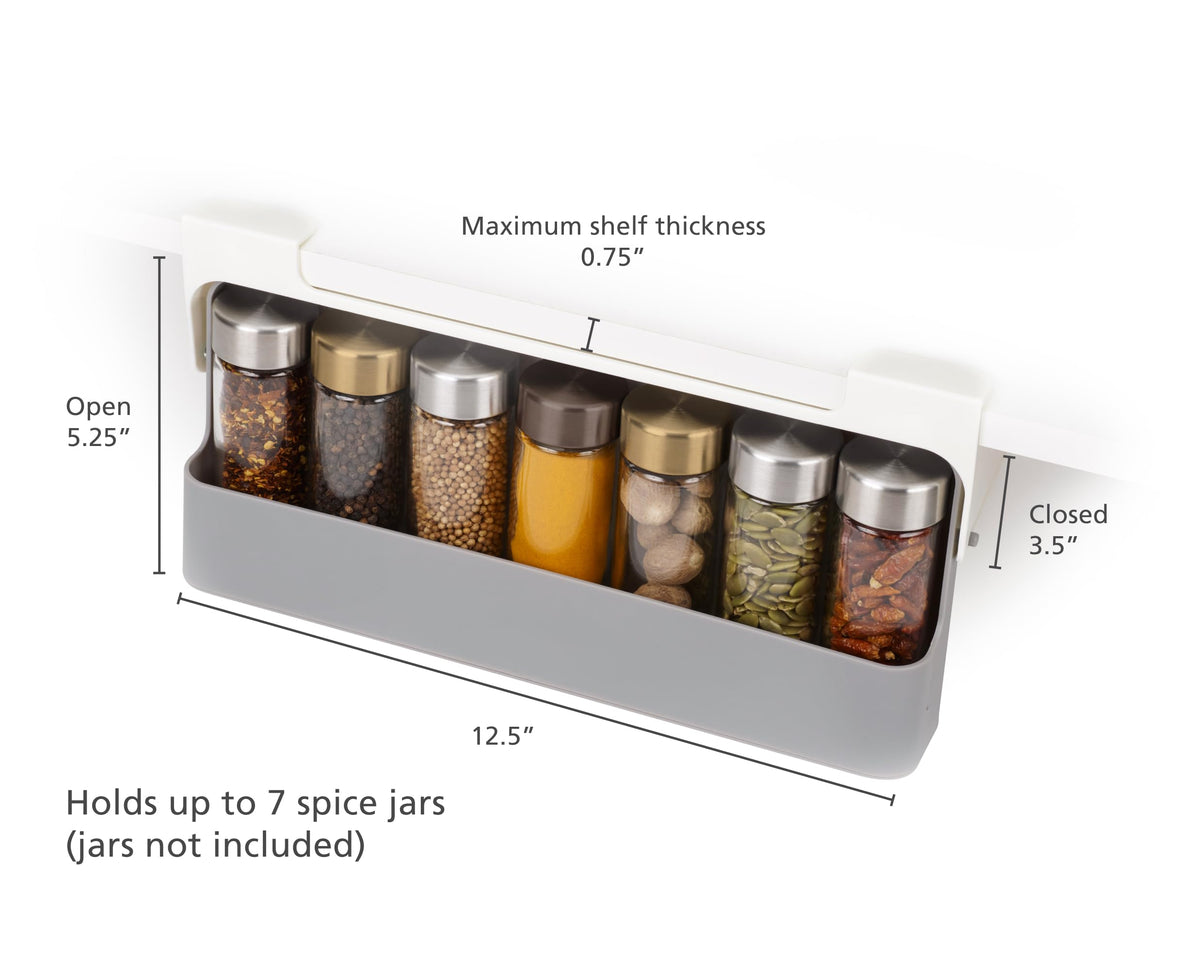 Joseph Joseph spice rack mounted on shelf saves space and keeps spices within reach.