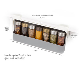 Joseph Joseph spice rack mounted on shelf saves space and keeps spices within reach.