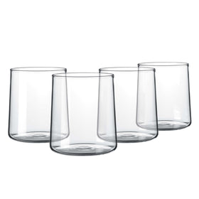 Joseph Sedgh Collection clear glass tumbler with 16.5 oz capacity for water and cocktails.