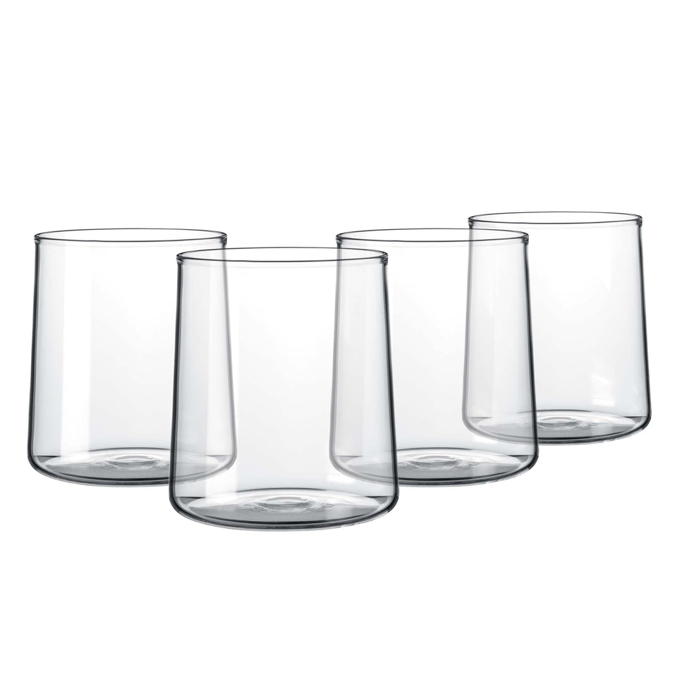 Joseph Sedgh Collection clear glass tumbler with 16.5 oz capacity for water and cocktails.