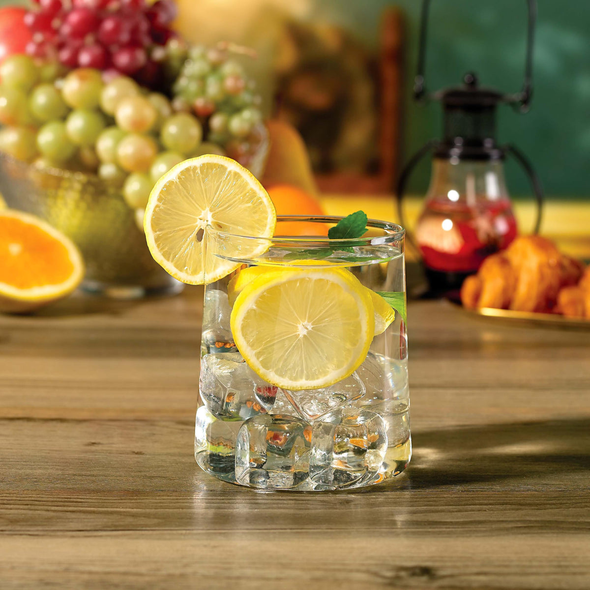 Joseph Sedgh Collection stackable glass tumbler saves cabinet space for entertaining.