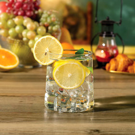 Joseph Sedgh Collection stackable glass tumbler saves cabinet space for entertaining.