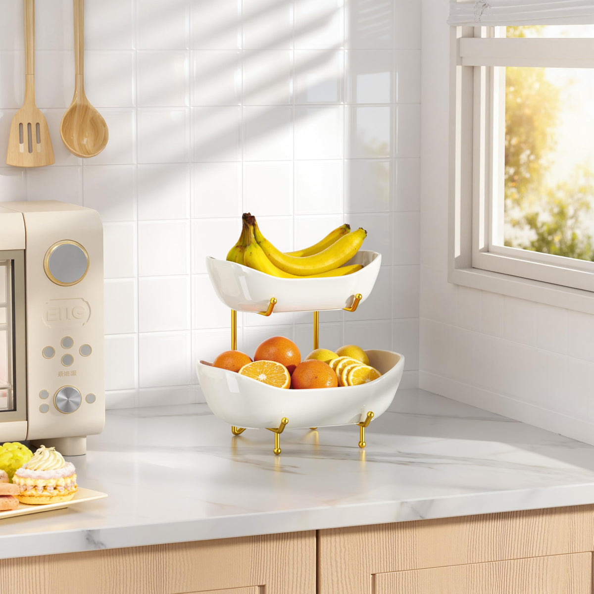Josmimic 2-Tier Ceramic Fruit Bowl with Gold Stand side view highlights stable anti slip design