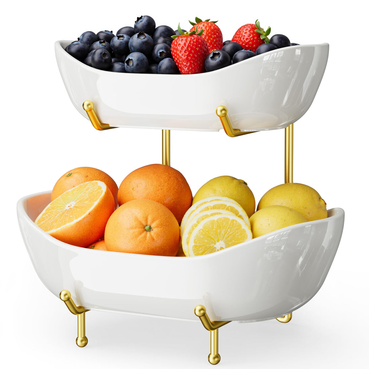 Josmimic 2-Tier Ceramic Fruit Bowl with Gold Stand top view shows organized counter storage