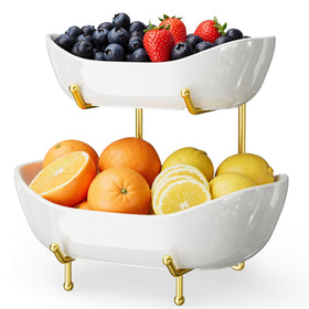 Josmimic 2-Tier Ceramic Fruit Bowl with Gold Stand top view shows organized counter storage