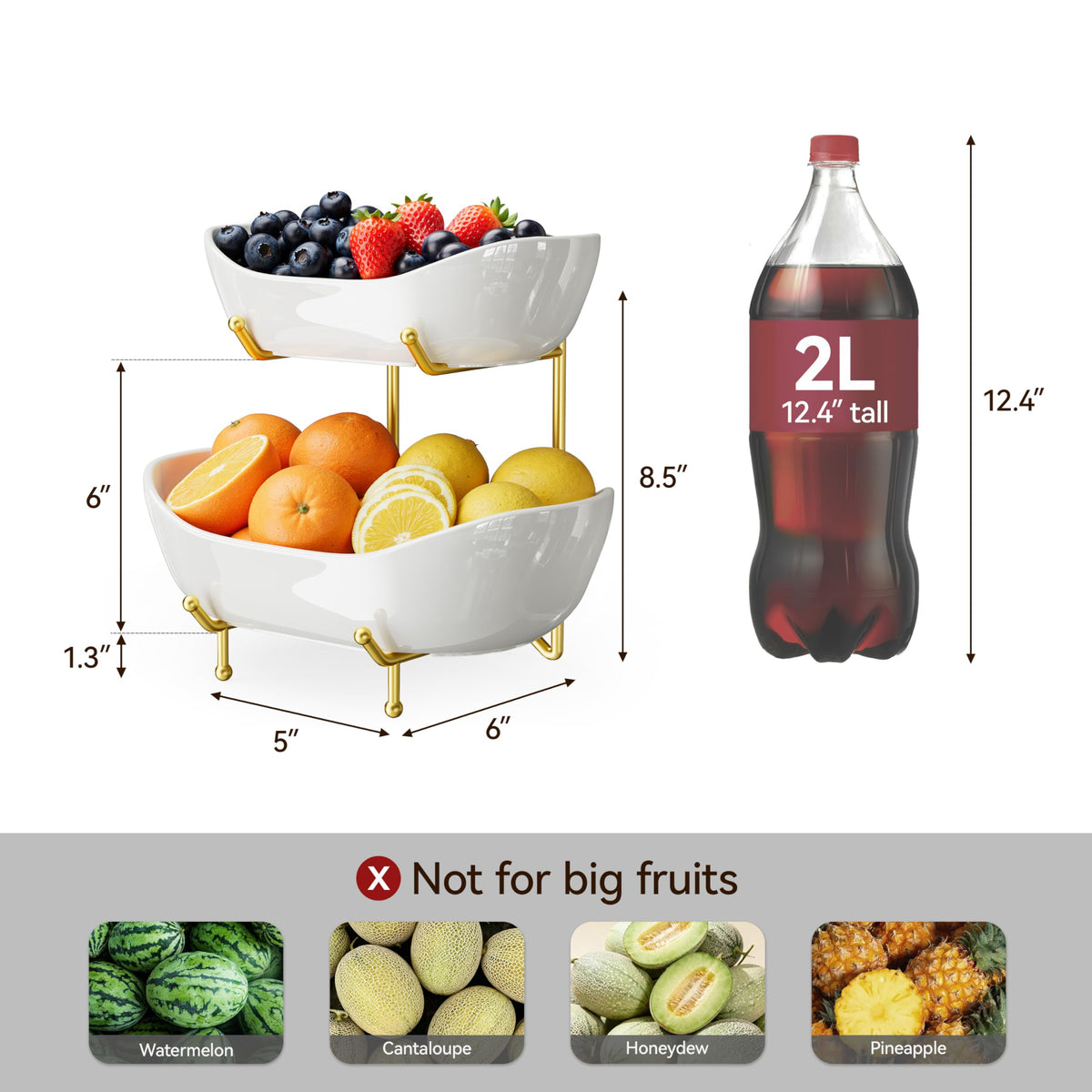 Josmimic 2-Tier Ceramic Fruit Bowl with fruits demonstrates tiered storage on the counter