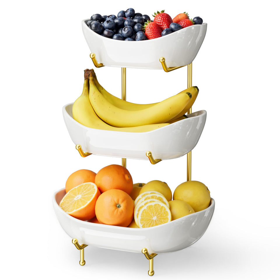 Josmimic 3-tier ceramic fruit bowl with gold stand on kitchen counter for organized fruit