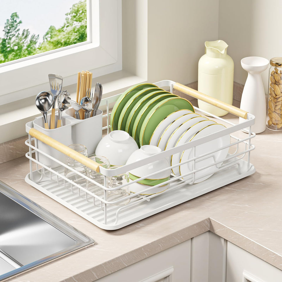 jouzevic dish rack with wooden handles for easy mobility and style on the counter