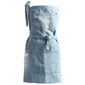 Jowcud denim apron with five-pocket layout for versatile kitchen and workshop use.