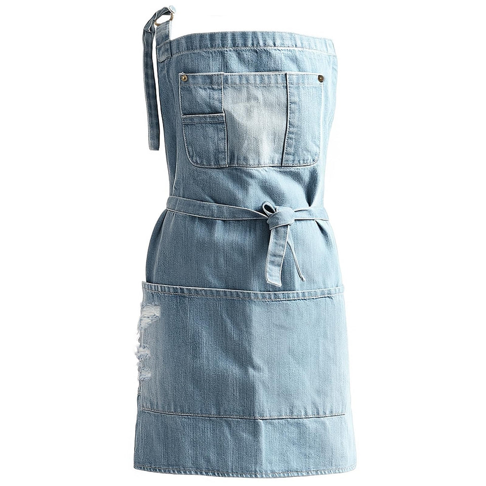 Jowcud denim apron with five-pocket layout for versatile kitchen and workshop use.