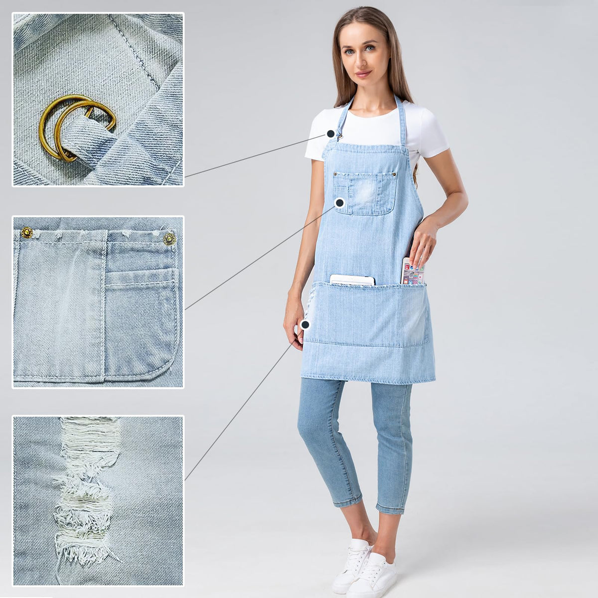 Jowcud denim apron adjustable neck and waist to fit most body types.