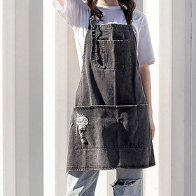 Jowcud Denim Apron back view showing cross-back design for balanced weight.