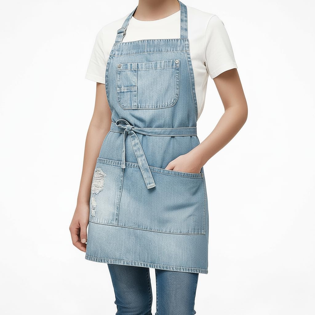 Jowcud denim apron chest pocket close-up showcasing convenient tool storage.