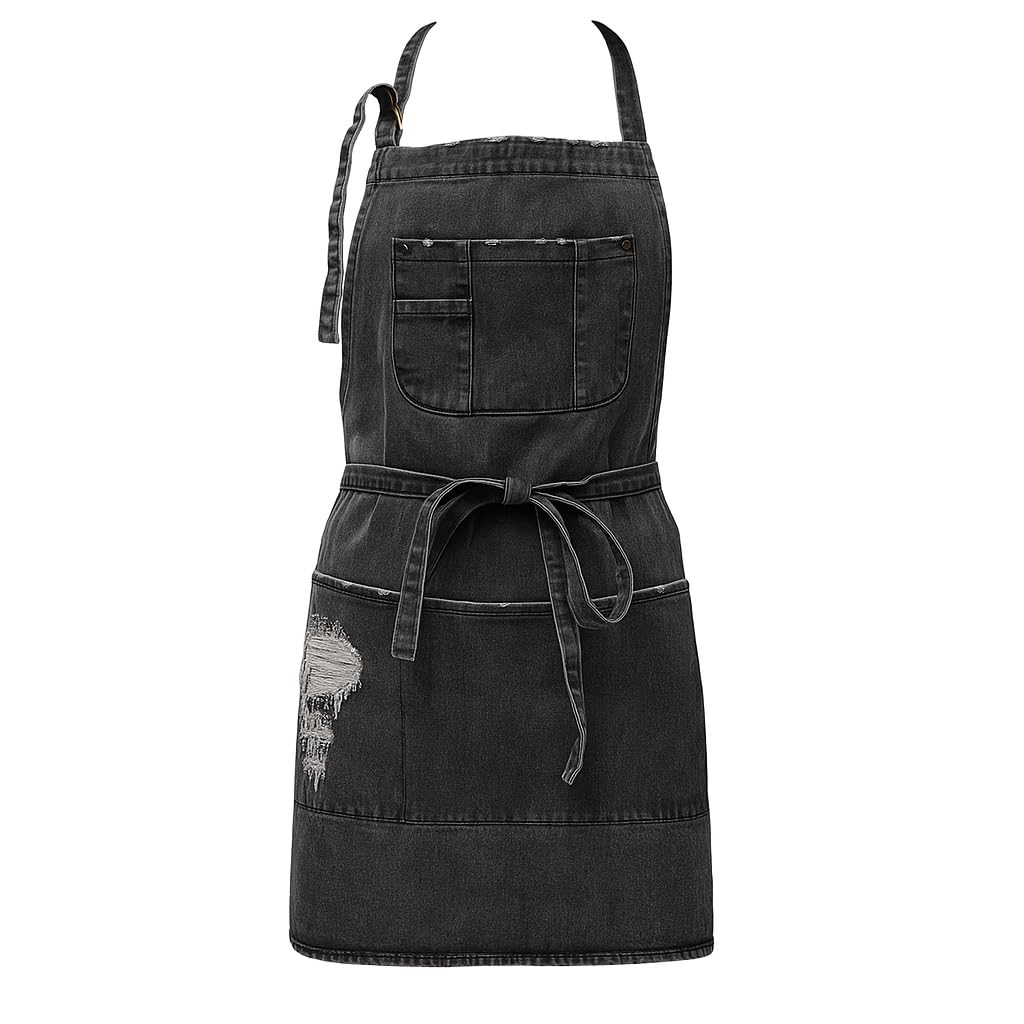 Jowcud Denim Apron front view with adjustable neck strap for a custom fit.