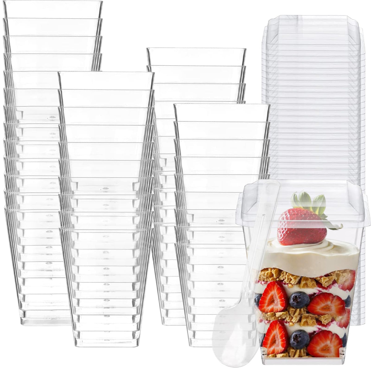 Joy Akkess 100-pack 5 oz dessert cups with clear visibility for layered desserts.