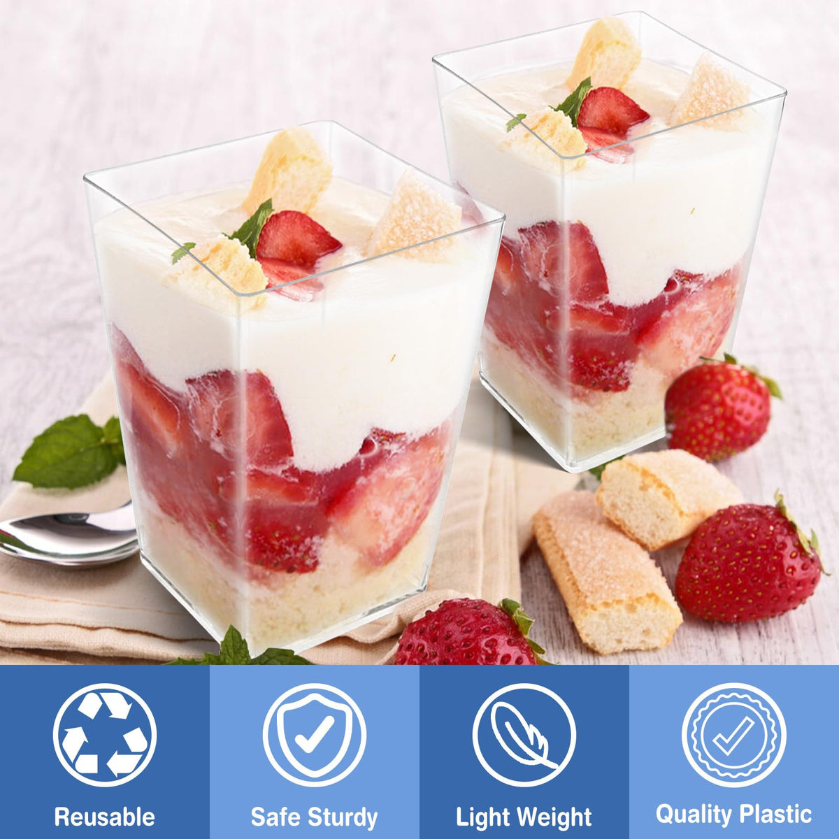 Joy Akkess parfait cups in a clear design for colorful presentations.