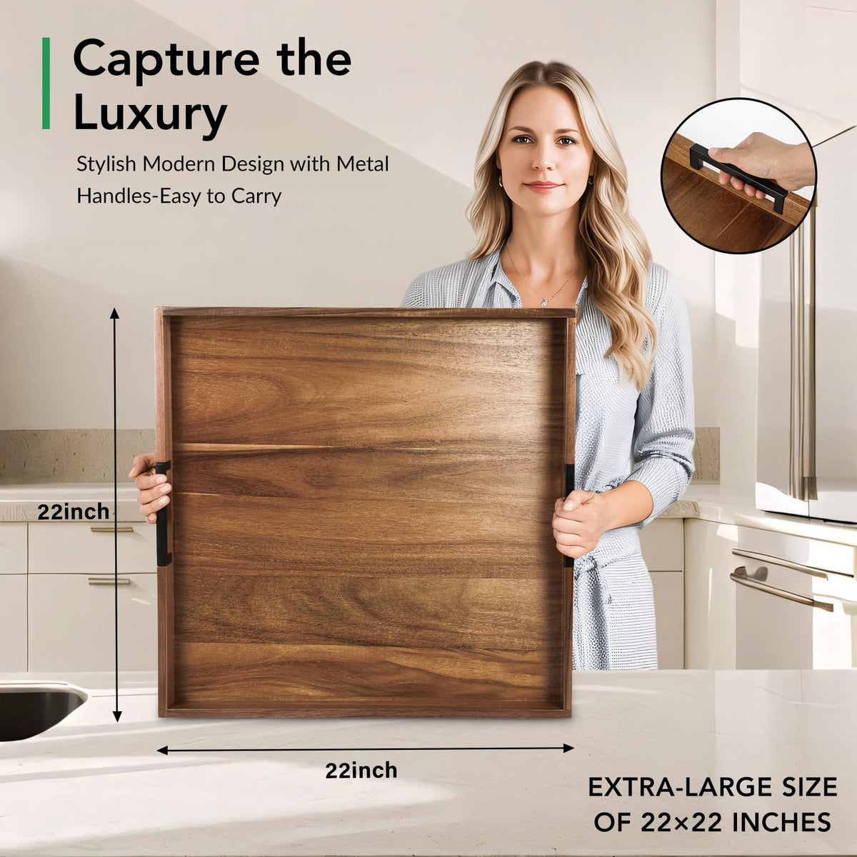 Joy&amp;Grace acacia wood serving tray with metal handles for easy transport.