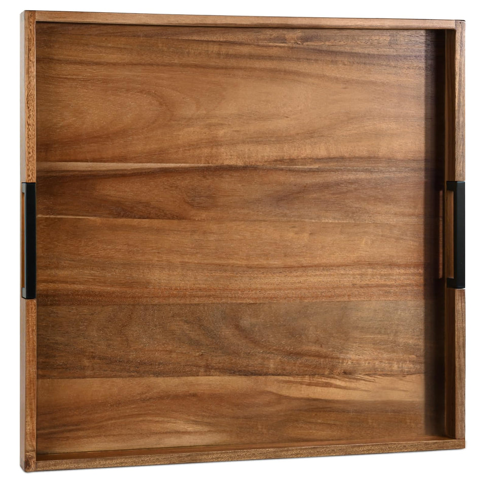 Joy&amp;Grace large square ottoman tray in natural acacia wood for versatile serving.