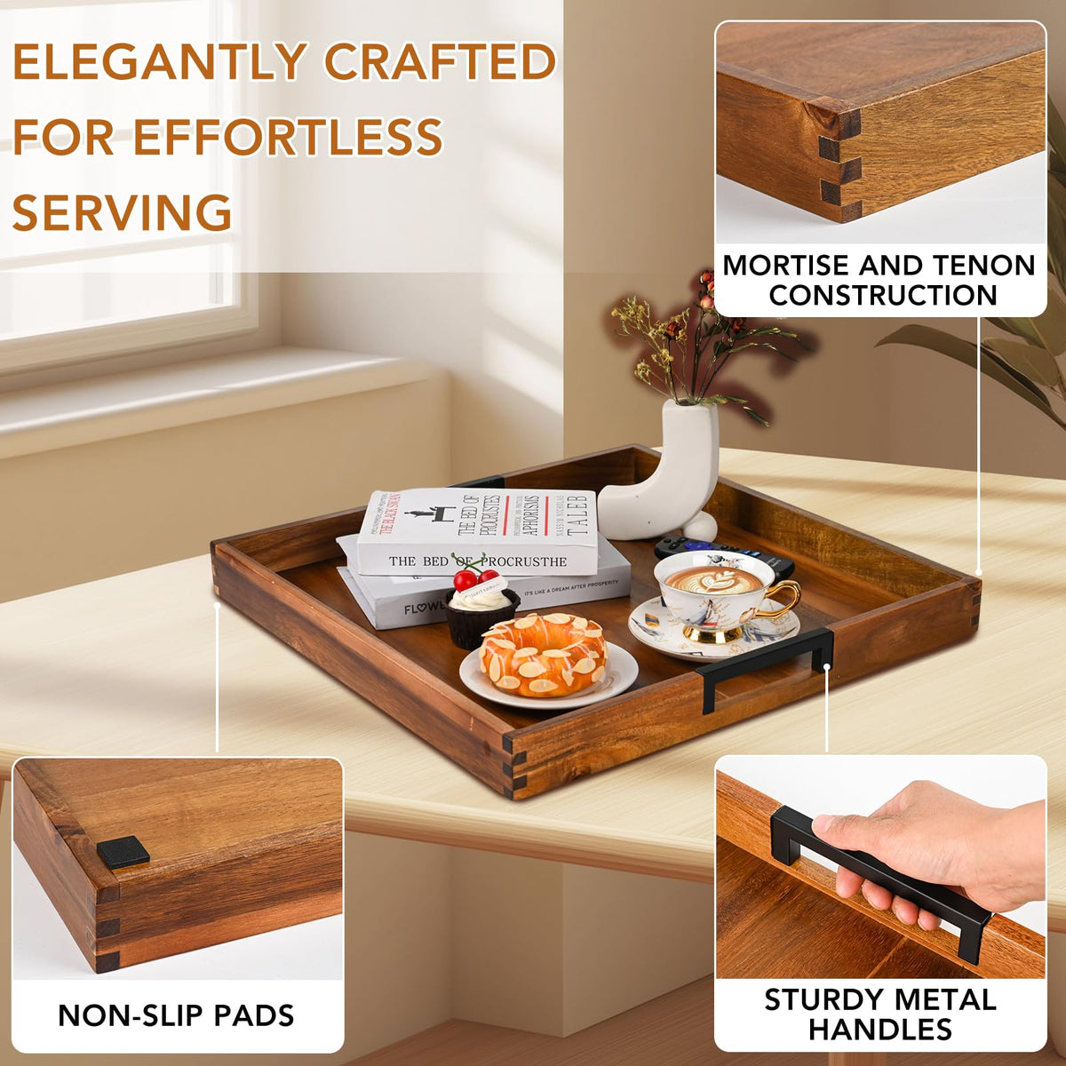 Joy&Grace ottoman tray side view highlights warp-resistant bottom and durable frame.