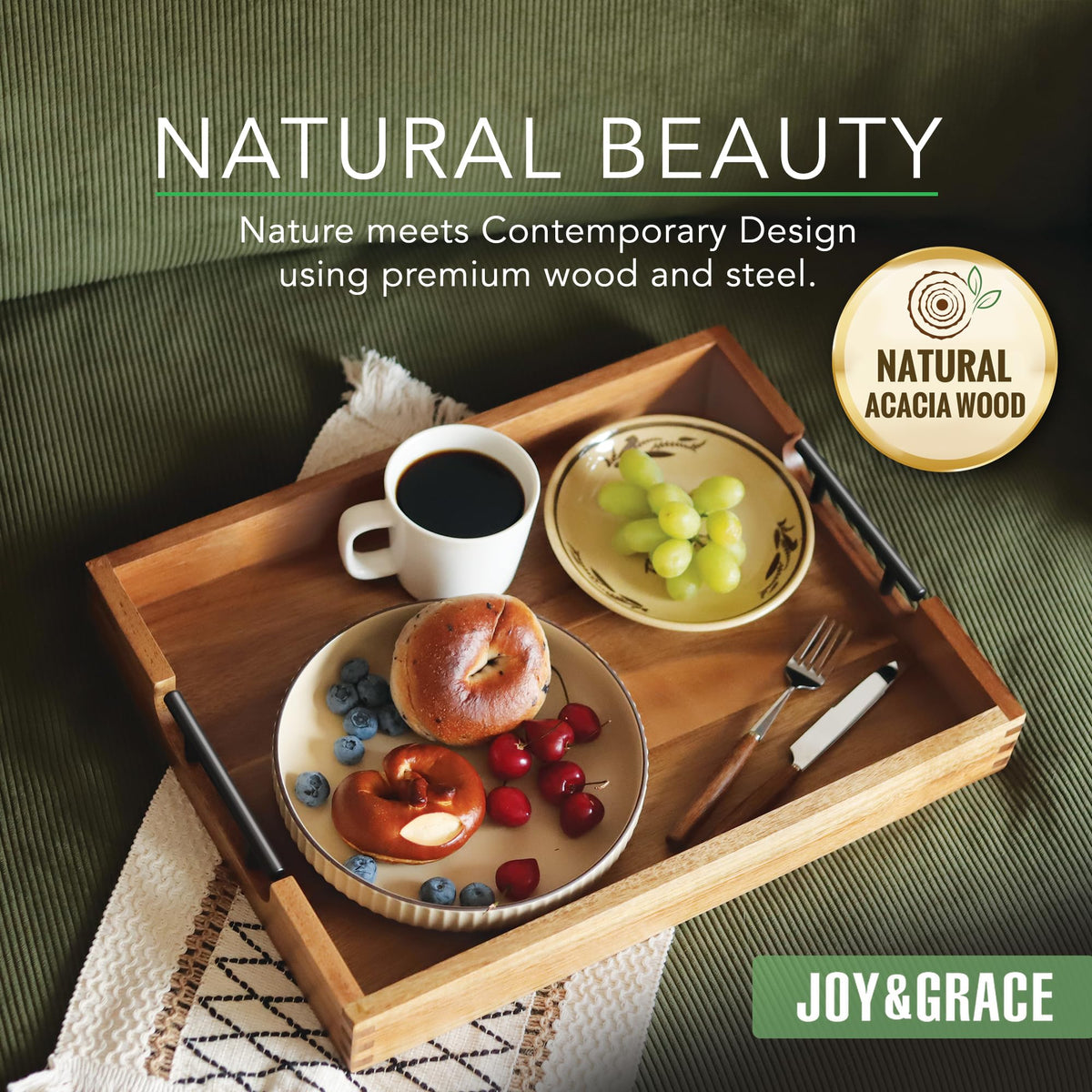 Close-up of Joy&Grace ottoman tray showing rich acacia grain texture