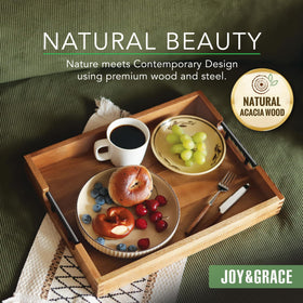 Close-up of Joy&Grace ottoman tray showing rich acacia grain texture
