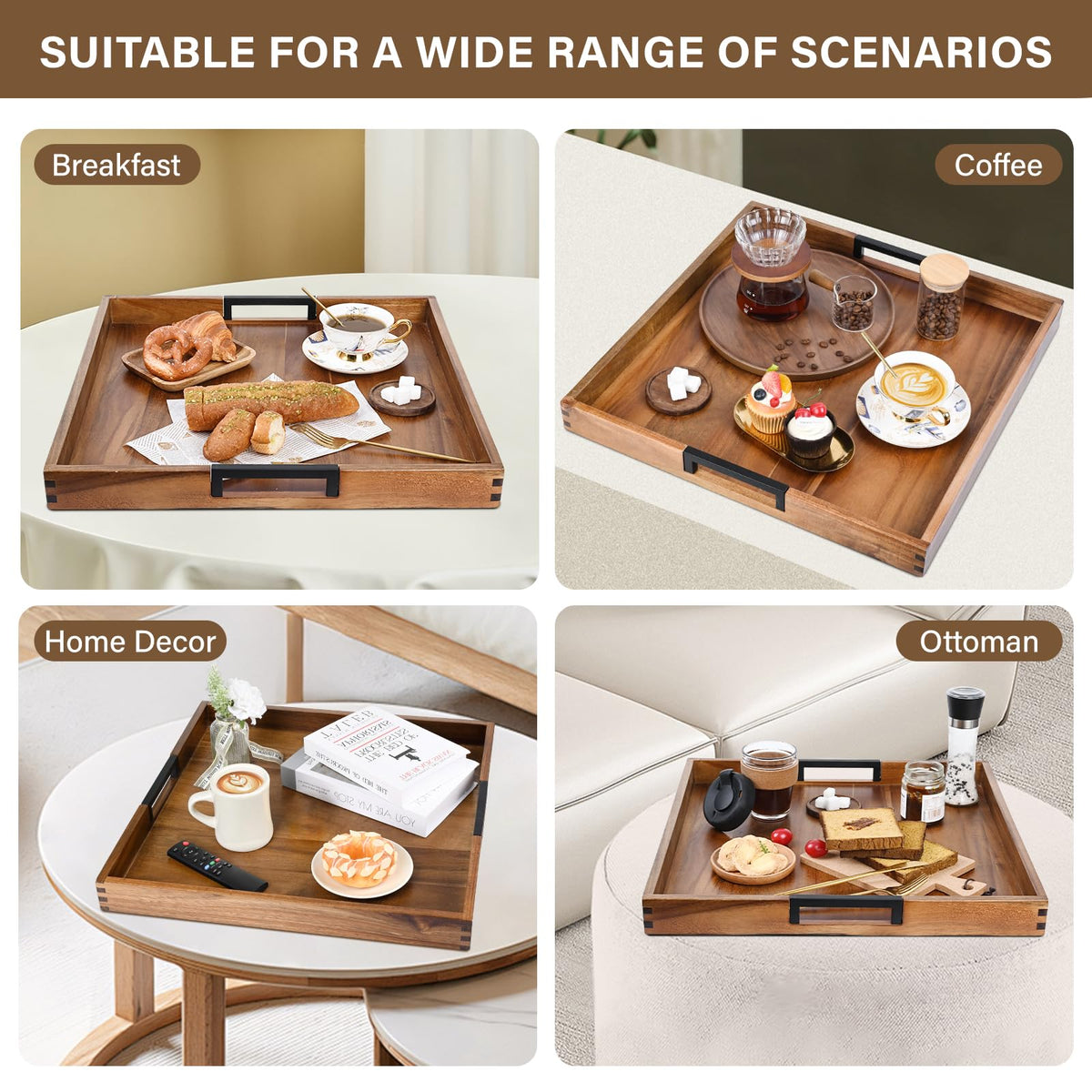 Joy&amp;Grace handcrafted acacia tray with crack-resistant finish.