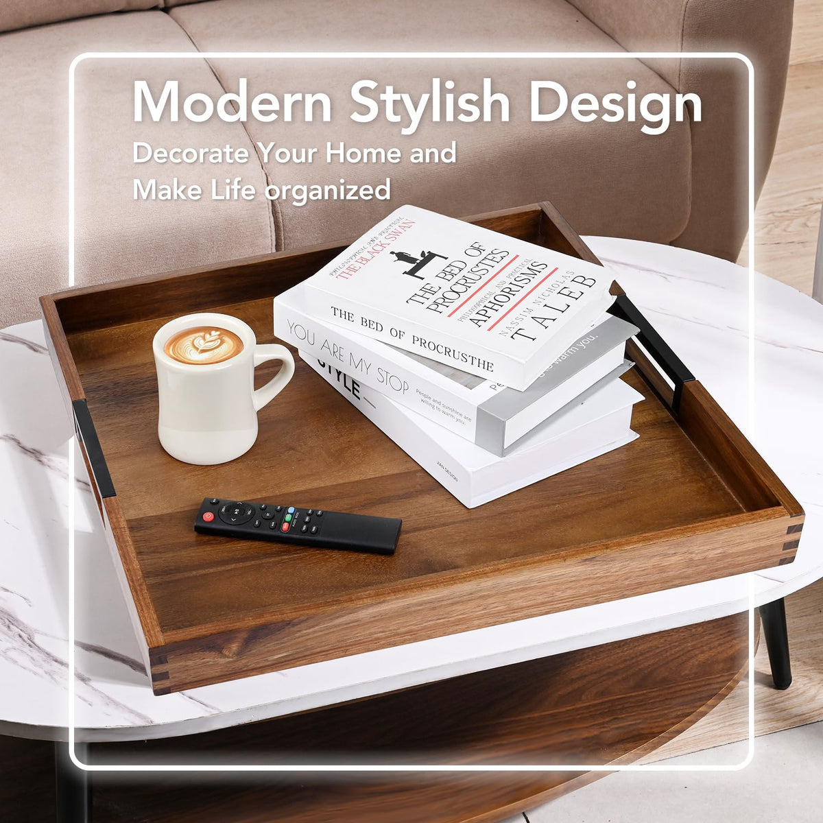 Joy&amp;Grace versatile wooden tray doubles as decor and organization.